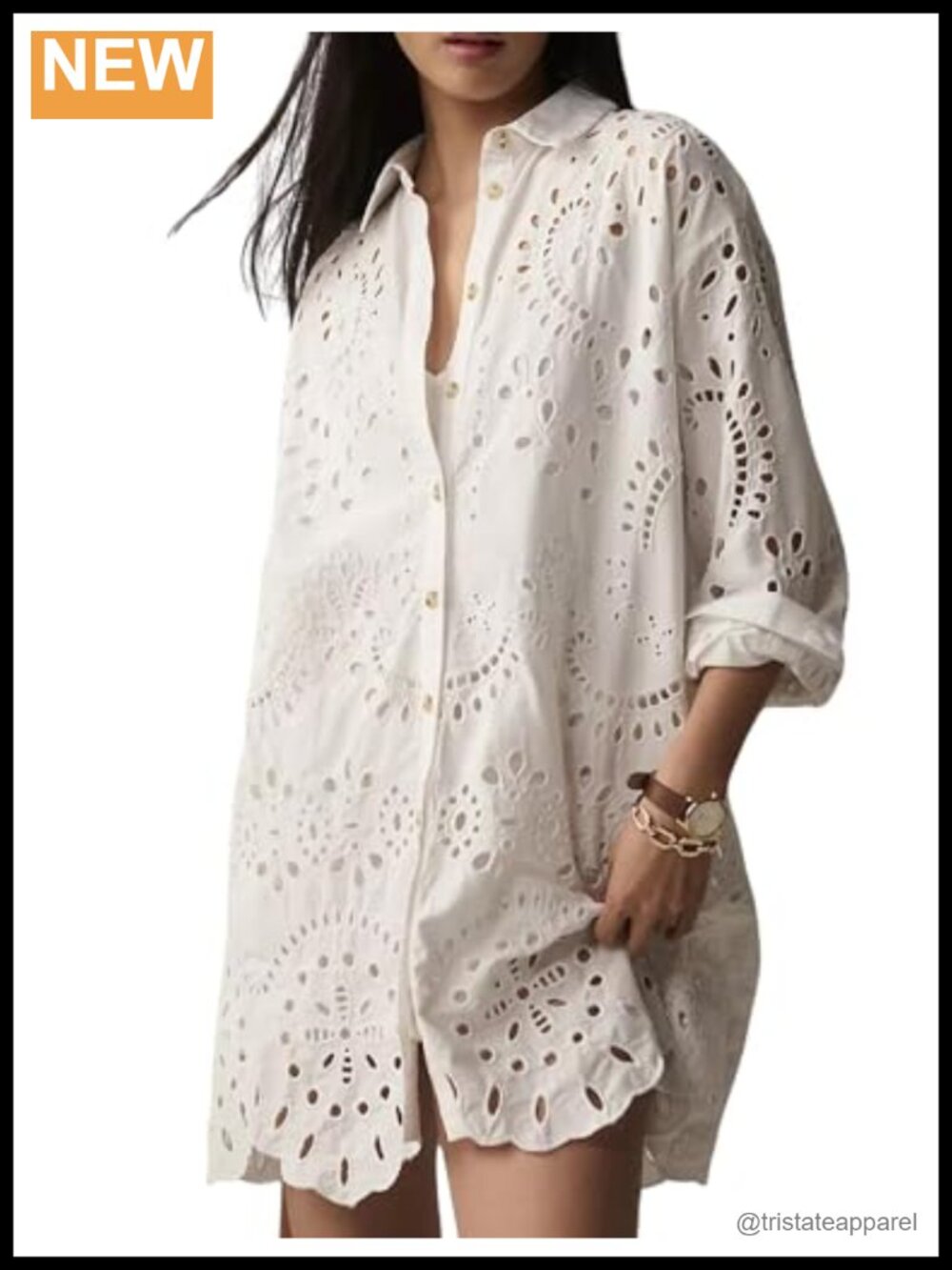 Women's Eyelet Lace Button Down Shirt Dress Loose Fit Long Sleeve Mini